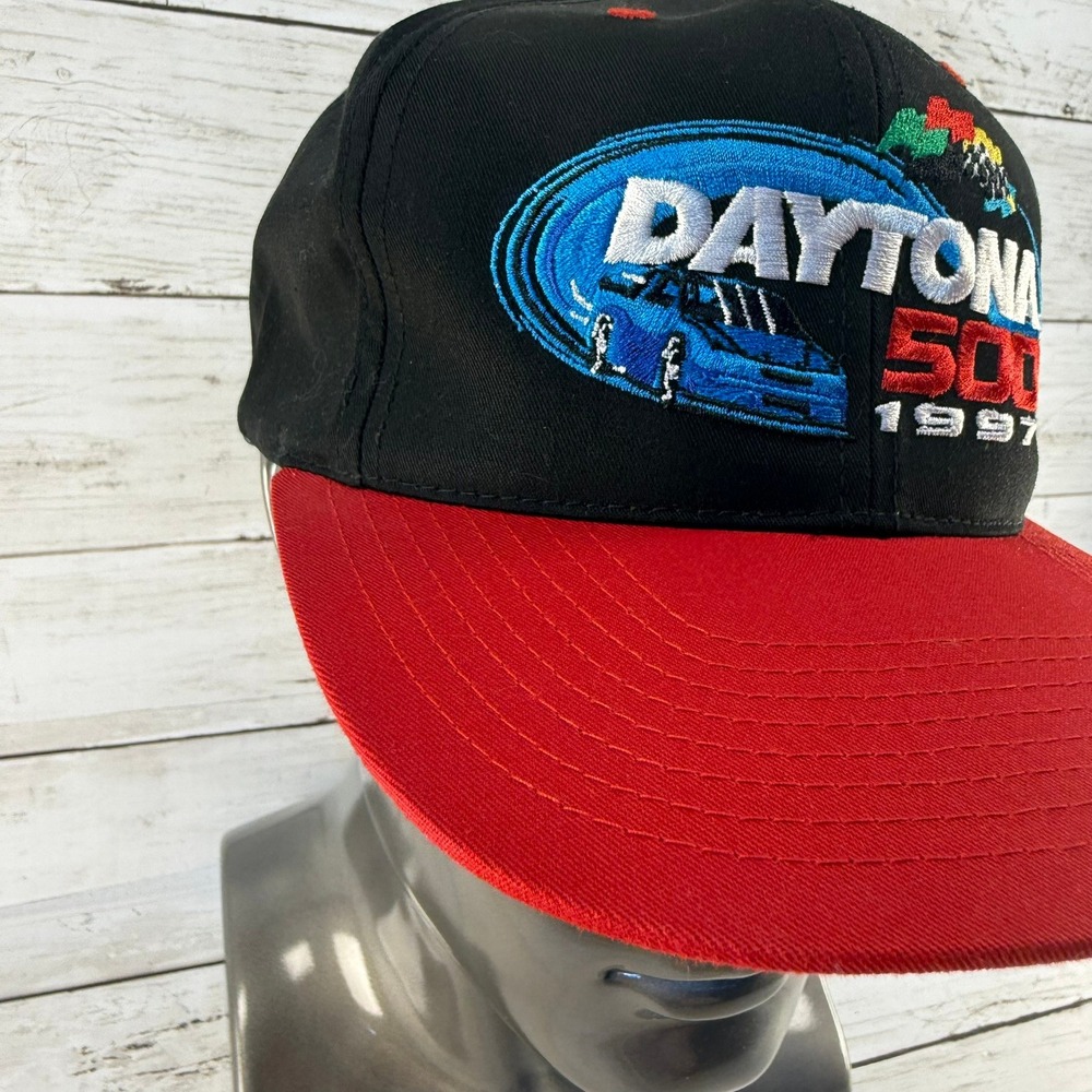 Vintage 1997 Daytona 500 Hat Checkered Flag Sports Snapback Black Red NASCAR Cap